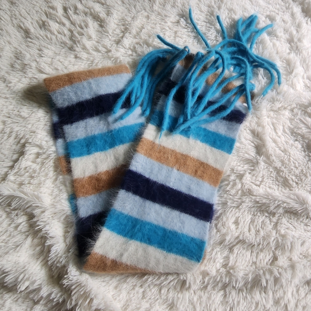 Angora rabbit hair fuzzy cozy colorful striped scarf with tassels